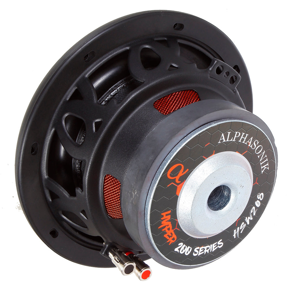 Alphasonik HSW208 Hyper 200 Series 8” 600 Watts Max / 200 Watts RMS Single 4 Ohm Car Subwoofer Stamped Alpha Steel Basket with High Grade Magnet Non Pressed Paper Cone Audio Speaker Bass Sub Woofer