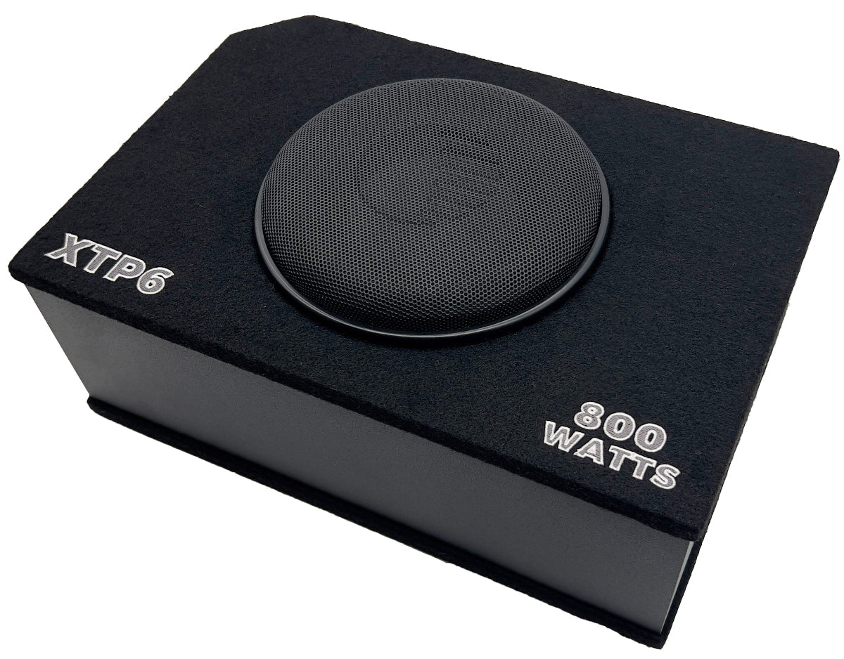Black subwoofer with 'XTP6' and '800 WATTS' text on a white background