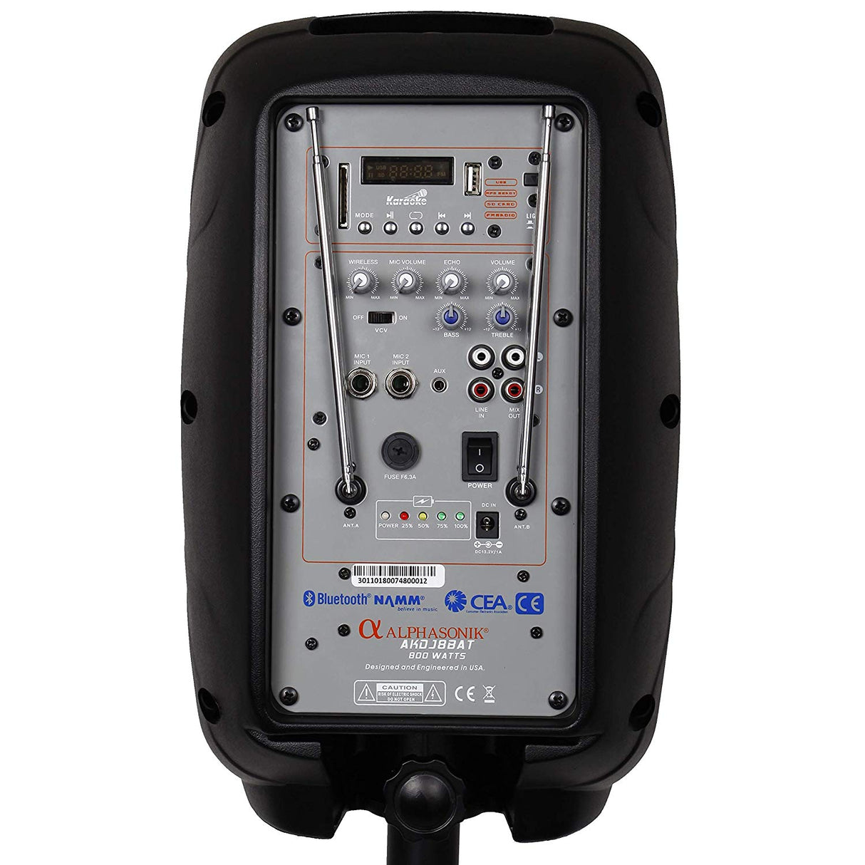 Alphasonik 8" Portable Rechargeable Battery Powered 800W Pro DJ Amplified Loud Speaker with 2 Wireless Microphones Echo Bluetooth USB SD Card Aux MP3 FM Radio PA System LED Ring Karaoke Tripod Stand