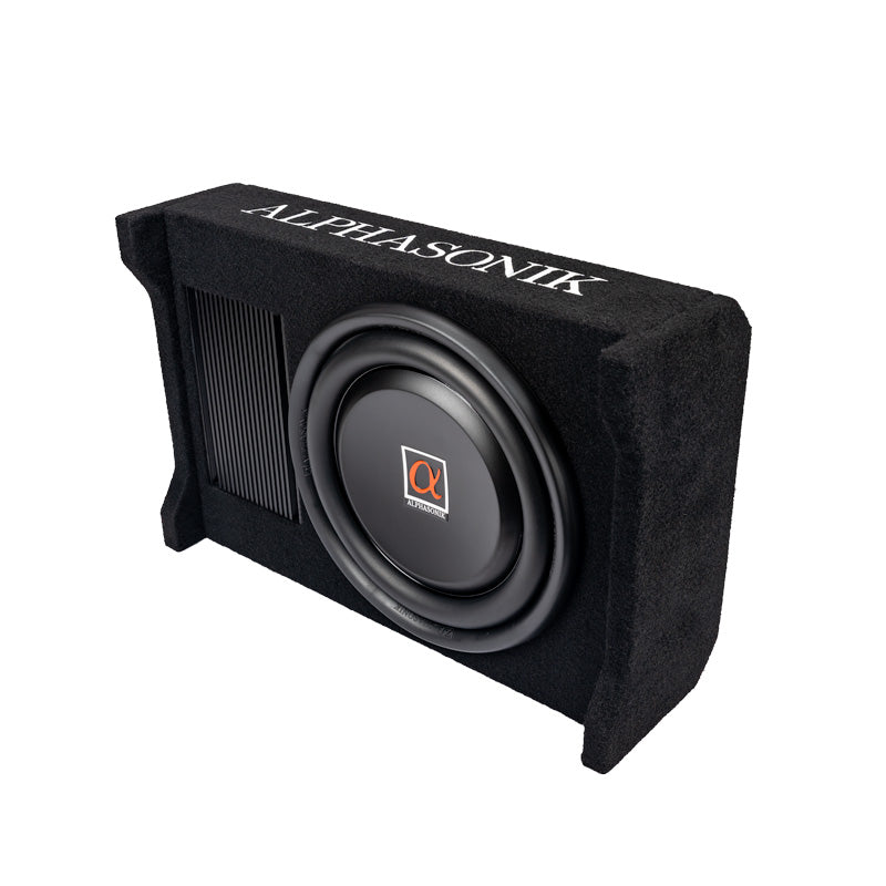 Alphasonik AS100A 10" 1200 Watts MAX Built-in Amplifier Down Fire Shallow Mount Enclosed for Tight Spaces in Cars and Trucks, Slim Thin Loaded Subwoofer Air Tight Sealed Bass Enclosure