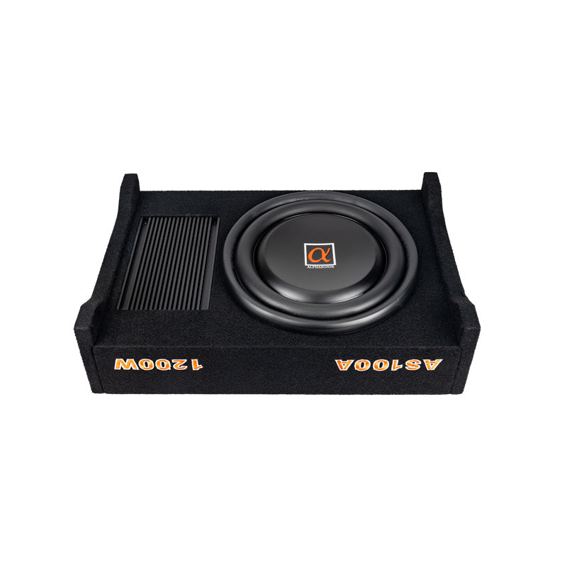 Alphasonik AS100A 10" 1200 Watts MAX Built-in Amplifier Down Fire Shallow Mount Enclosed for Tight Spaces in Cars and Trucks, Slim Thin Loaded Subwoofer Air Tight Sealed Bass Enclosure