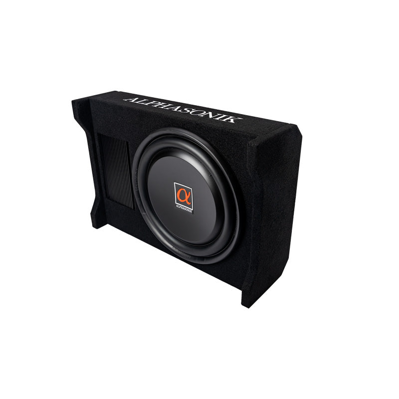 Alphasonik AS120A 12" 1500 Watts MAX Built-in Amplifier Down Fire Shallow Mount Enclosed for Tight Spaces in Cars and Trucks, Slim Thin Loaded Subwoofer Air Tight Sealed Bass Enclosure