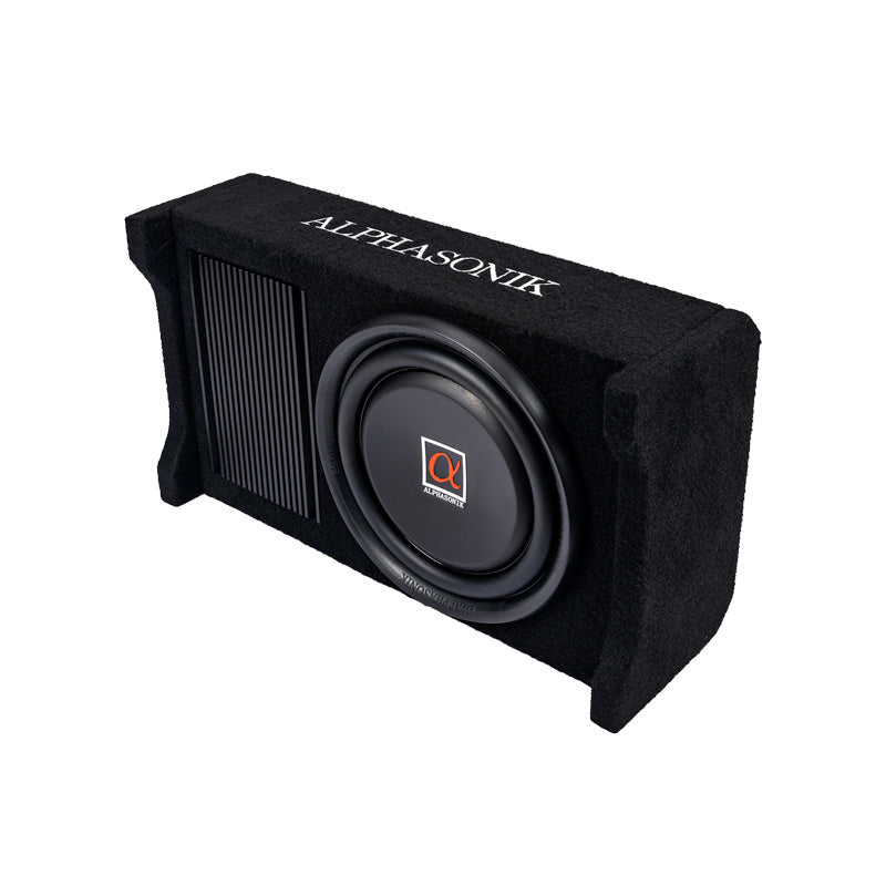 Alphasonik AS80A 8" 600 Watts MAX Built-in Amplifier Down Fire Shallow Mount Enclosed for Tight Spaces in Cars and Trucks, Slim Thin Loaded Subwoofer Air Tight Sealed Bass Enclosure