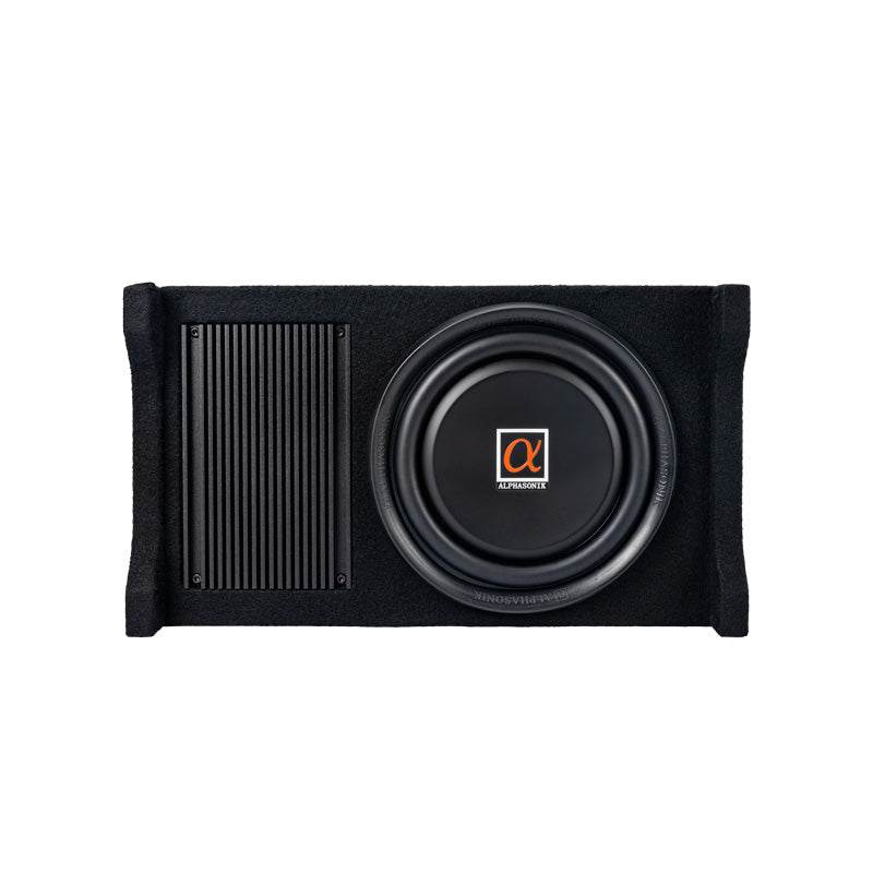 Alphasonik AS80A 8" 600 Watts MAX Built-in Amplifier Down Fire Shallow Mount Enclosed for Tight Spaces in Cars and Trucks, Slim Thin Loaded Subwoofer Air Tight Sealed Bass Enclosure