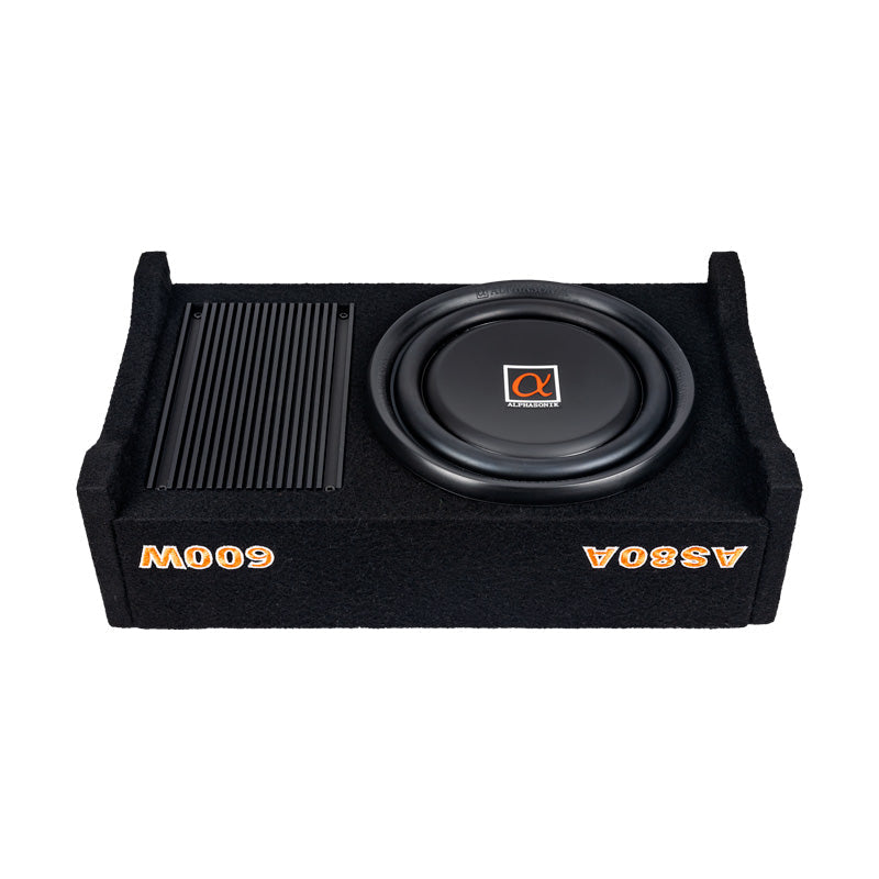 Alphasonik AS80A 8" 600 Watts MAX Built-in Amplifier Down Fire Shallow Mount Enclosed for Tight Spaces in Cars and Trucks, Slim Thin Loaded Subwoofer Air Tight Sealed Bass Enclosure