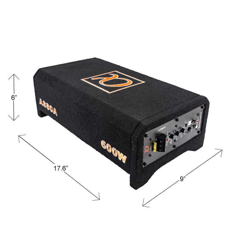 Alphasonik AS80A 8" 600 Watts MAX Built-in Amplifier Down Fire Shallow Mount Enclosed for Tight Spaces in Cars and Trucks, Slim Thin Loaded Subwoofer Air Tight Sealed Bass Enclosure