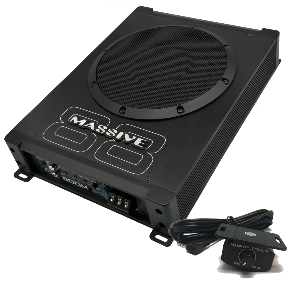 MASSIVE AUDIO BOOM88 - 8" 200 Watts RMS Hideaway Under Seat Powered Subwoofer, Clip LED, Bass Boost, 180º Phase Shift