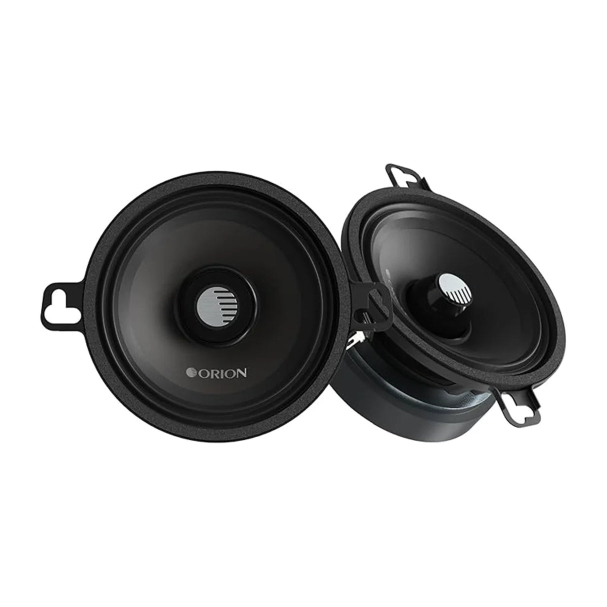Two Orion speakers on a white background