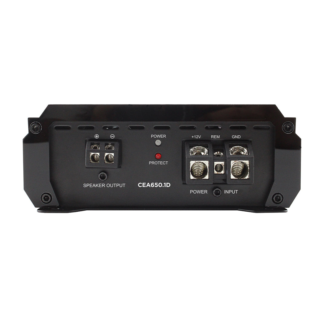 Black audio amplifier with labeled ports on a white background