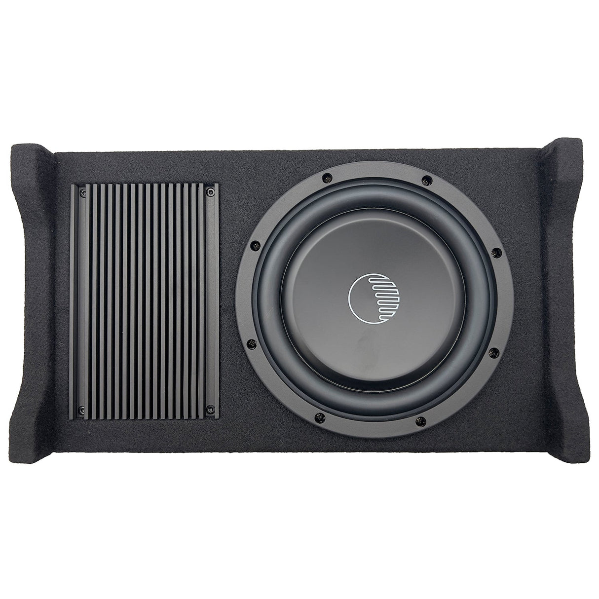 An 8-inch active down-firing subwoofer enclosure from Cobalt, featuring a black carpet finish and the brand's logo in the center of the subwoofer.