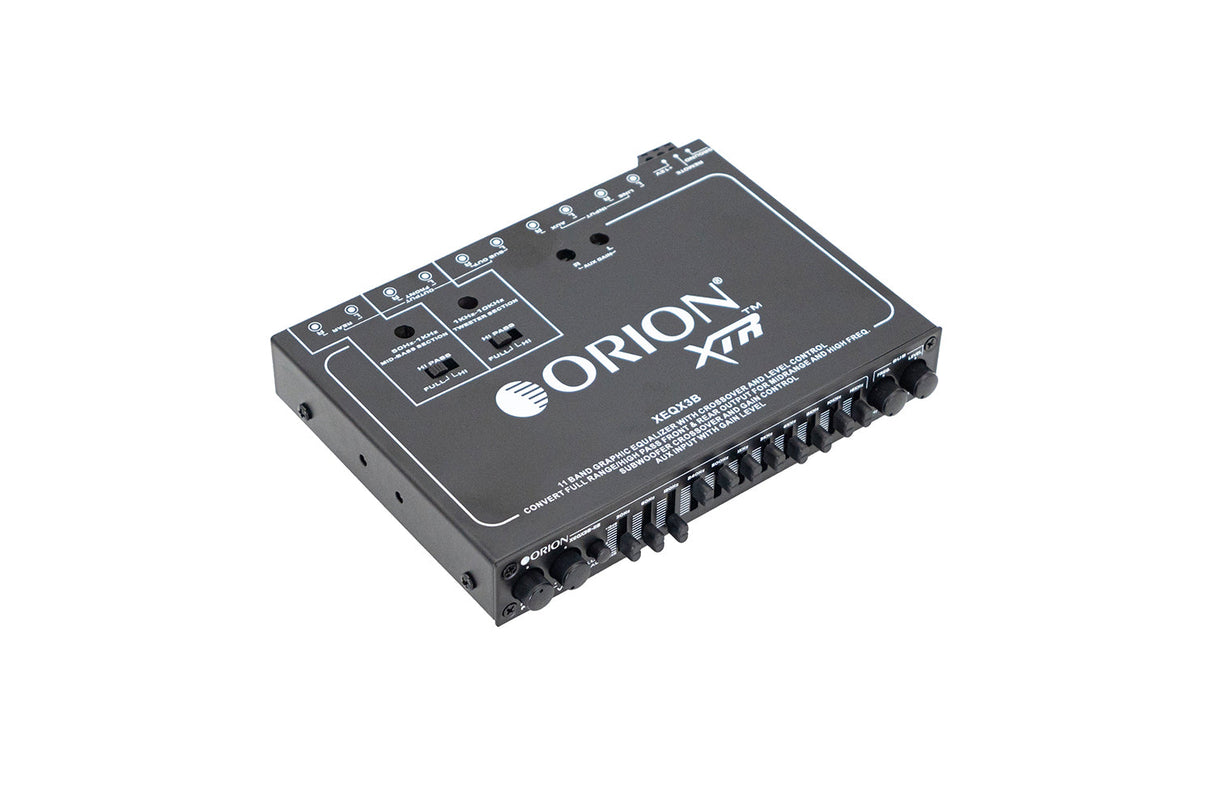 An image of the Orion XEQ-X3B 11-Band Parametric Equalizer, showcasing its front panel with switches and LED indicators.