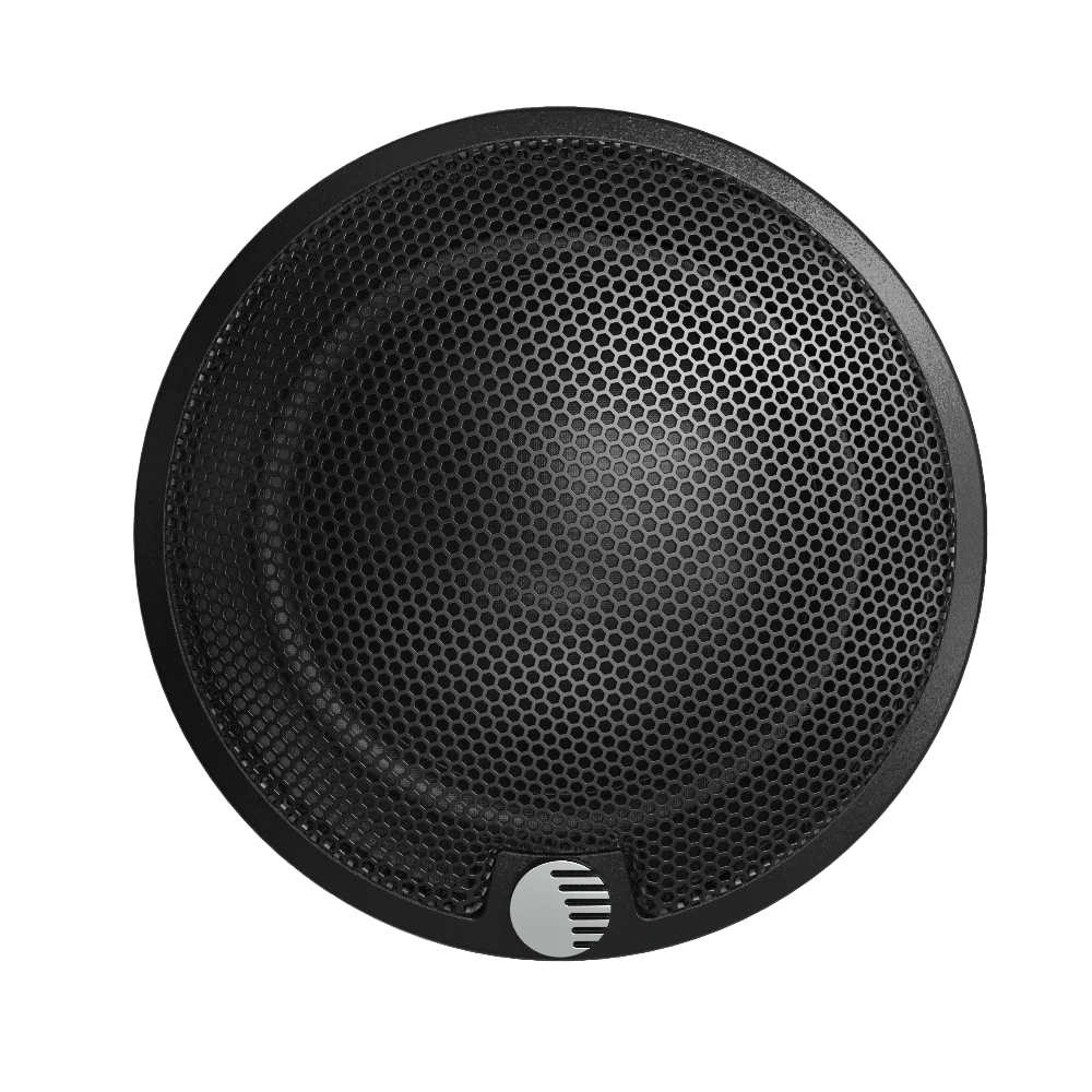 Black speaker cone with a brand logo on a white background