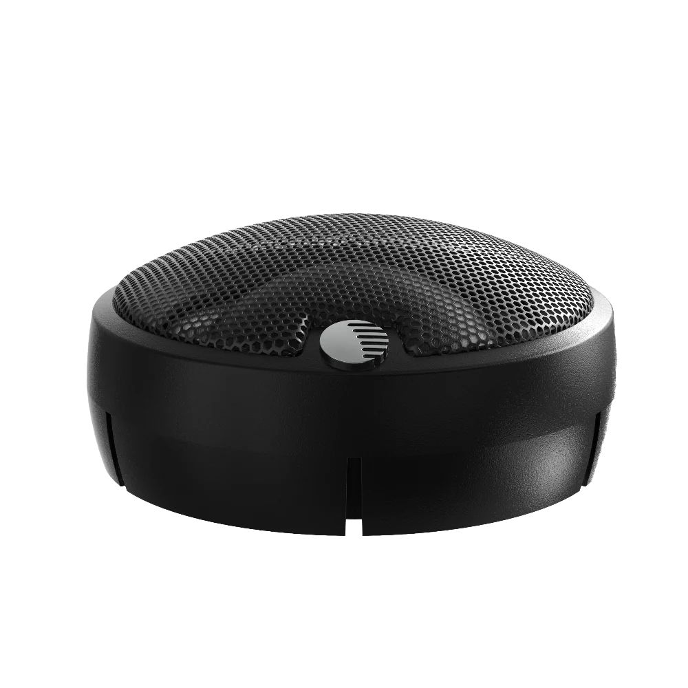 Black circular speaker with mesh design on a white background