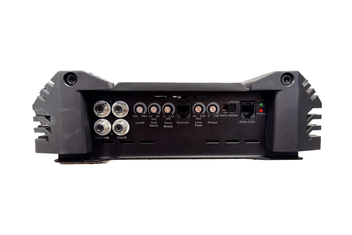 Black audio amplifier with control panel on a white background