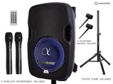 Alphasonik 12" Portable Rechargeable Battery Powered 1200W PRO DJ Amplified Loud Speaker with 2 Wireless Microphones Echo Bluetooth USB SD Card AUX MP3 FM Radio PA System LED Ring Karaoke Tripod Stand