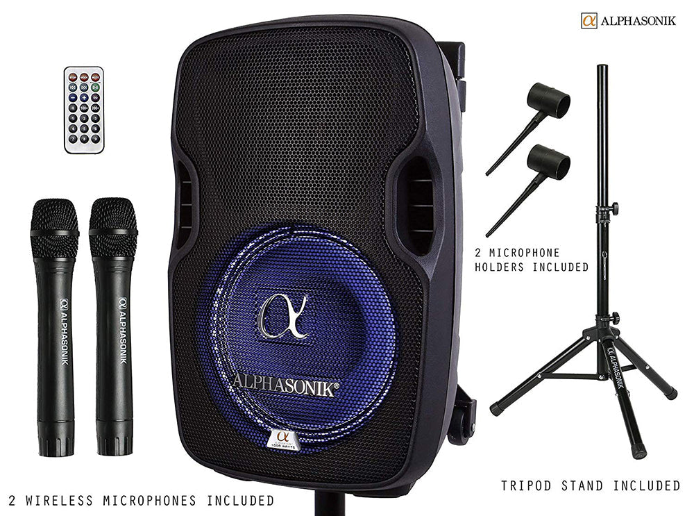 Alphasonik 10" Portable Rechargeable Battery Powered 1000W PRO DJ Amplified Loud Speaker with 2 Wireless Microphones Echo Bluetooth USB SD Card AUX MP3 FM Radio PA System LED Ring Karaoke Tripod Stand