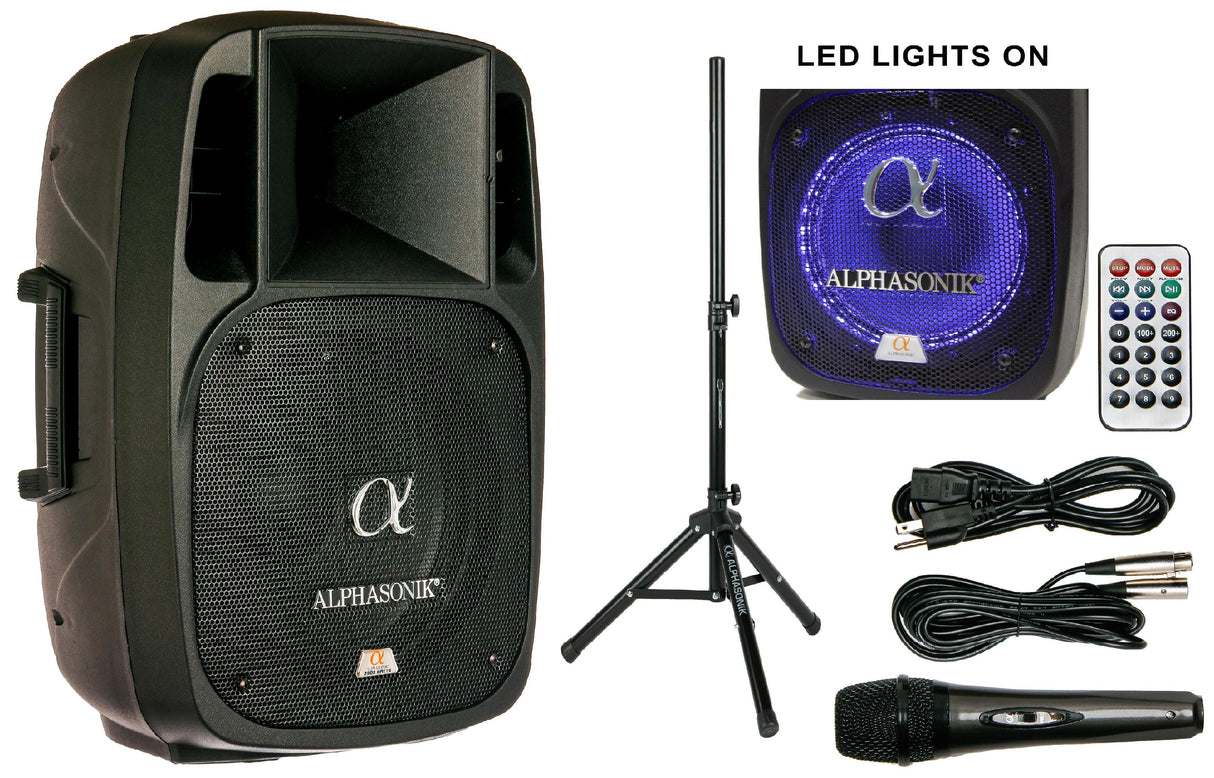 Alphasonik 15" Powered 2800W PRO DJ Amplified Loud Speaker Bluetooth USB SD Card AUX MP3 FM Radio PA System LED Ring Karaoke Feature Mic (Main Monitor, Band, Church, Party, Guitar Amp) w/ Tripod Stand