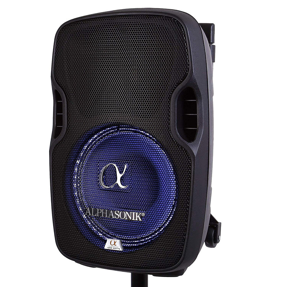 Alphasonik 12" Portable Rechargeable Battery Powered 1200W PRO DJ Amplified Loud Speaker with 2 Wireless Microphones Echo Bluetooth USB SD Card AUX MP3 FM Radio PA System LED Ring Karaoke Tripod Stand