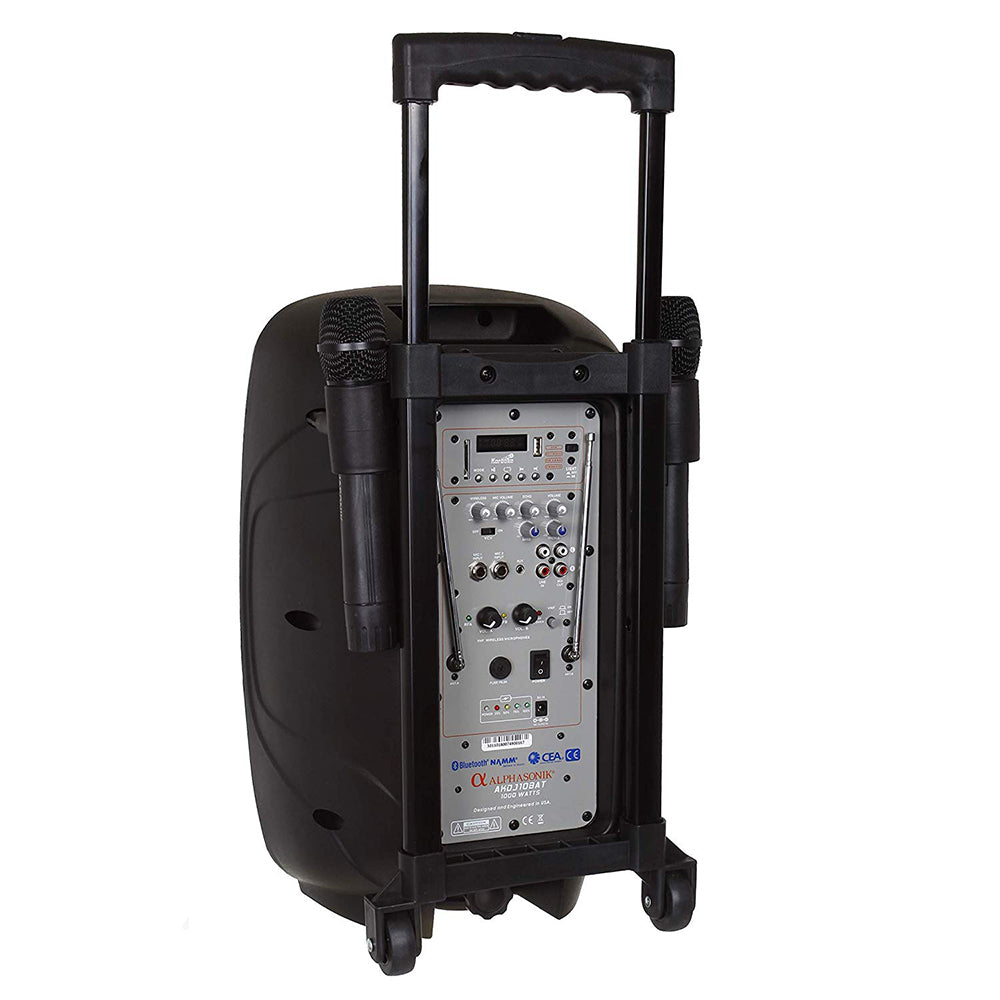 Alphasonik 10" Portable Rechargeable Battery Powered 1000W PRO DJ Amplified Loud Speaker with 2 Wireless Microphones Echo Bluetooth USB SD Card AUX MP3 FM Radio PA System LED Ring Karaoke Tripod Stand