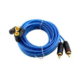 Coiled blue audio cable with RCA connectors on a white background