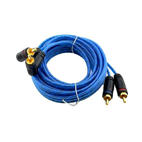 Coiled blue audio cable with RCA connectors on a white background