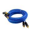 Coiled blue audio cable with RCA connectors on a white background