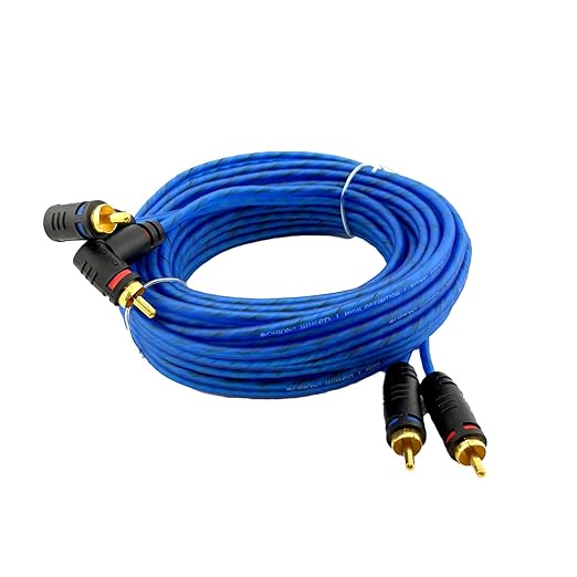 Coiled blue audio cable with RCA connectors on a white background