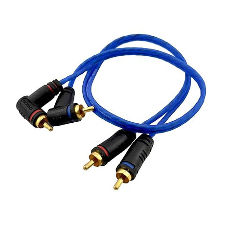 Blue audio cable with RCA connectors on a white background