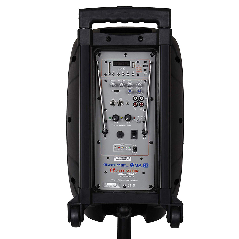 Alphasonik 10" Portable Rechargeable Battery Powered 1000W PRO DJ Amplified Loud Speaker with 2 Wireless Microphones Echo Bluetooth USB SD Card AUX MP3 FM Radio PA System LED Ring Karaoke Tripod Stand