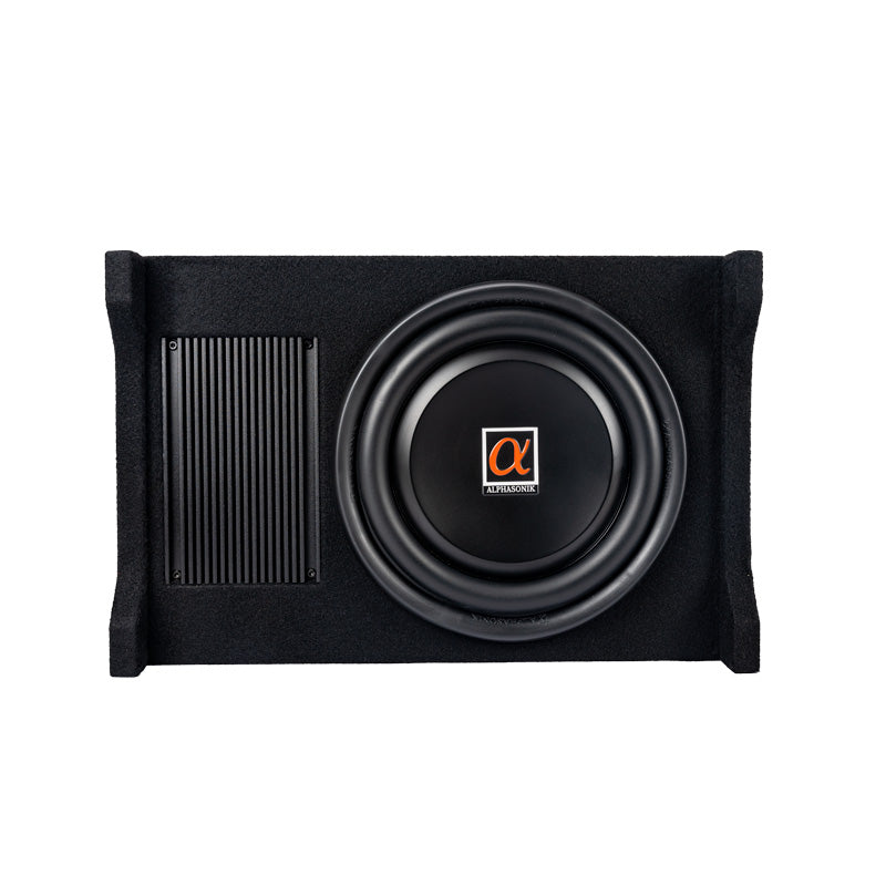 Alphasonik AS100A 10" 1200 Watts MAX Built-in Amplifier Down Fire Shallow Mount  Enclosed for Tight Spaces in Cars and Trucks, Slim Thin Loaded Subwoofer Air Tight Sealed Bass Enclosure