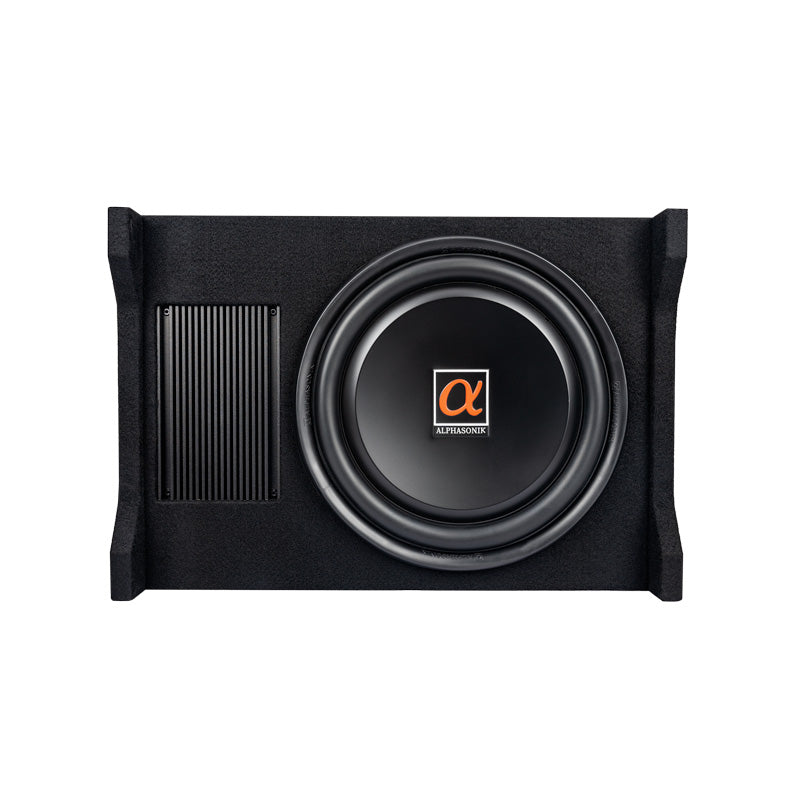 Alphasonik AS120A 12" 1500 Watts MAX Built-in Amplifier Down Fire Shallow Mount  Enclosed for Tight Spaces in Cars and Trucks, Slim Thin Loaded Subwoofer Air Tight Sealed Bass Enclosure