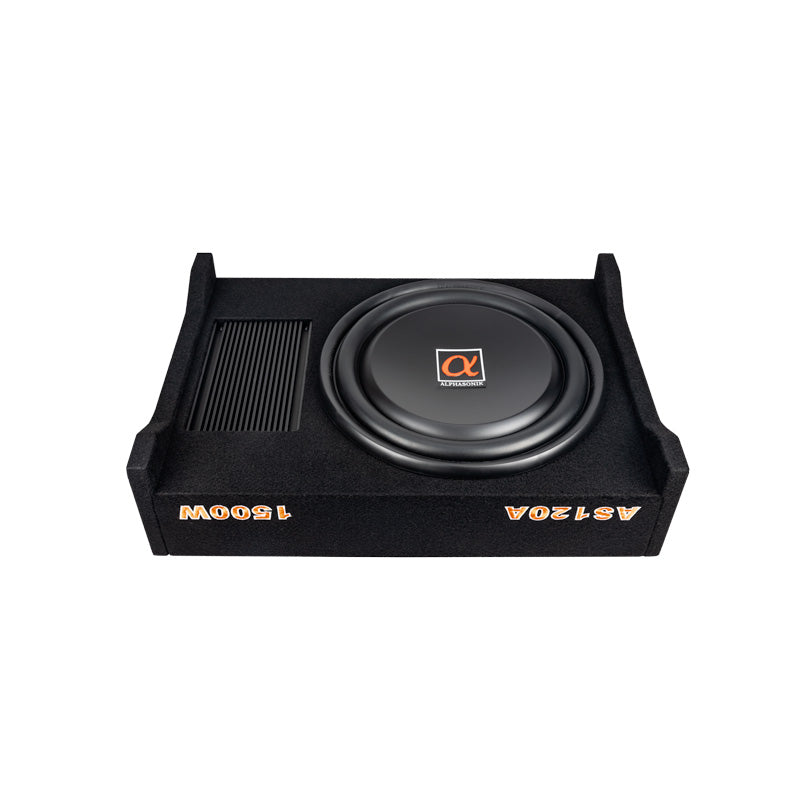 Alphasonik AS120A 12" 1500 Watts MAX Built-in Amplifier Down Fire Shallow Mount  Enclosed for Tight Spaces in Cars and Trucks, Slim Thin Loaded Subwoofer Air Tight Sealed Bass Enclosure