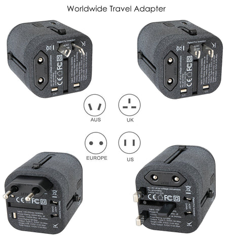 Alphasonik APA100 Worldwide Universal International Travel Power Adapter AC Wall Charger Plug 4 USB Ports Type-C Fast Charging 3.0A for USA UK European Cell Phone Tablet Laptop iPhone W/Travel Case