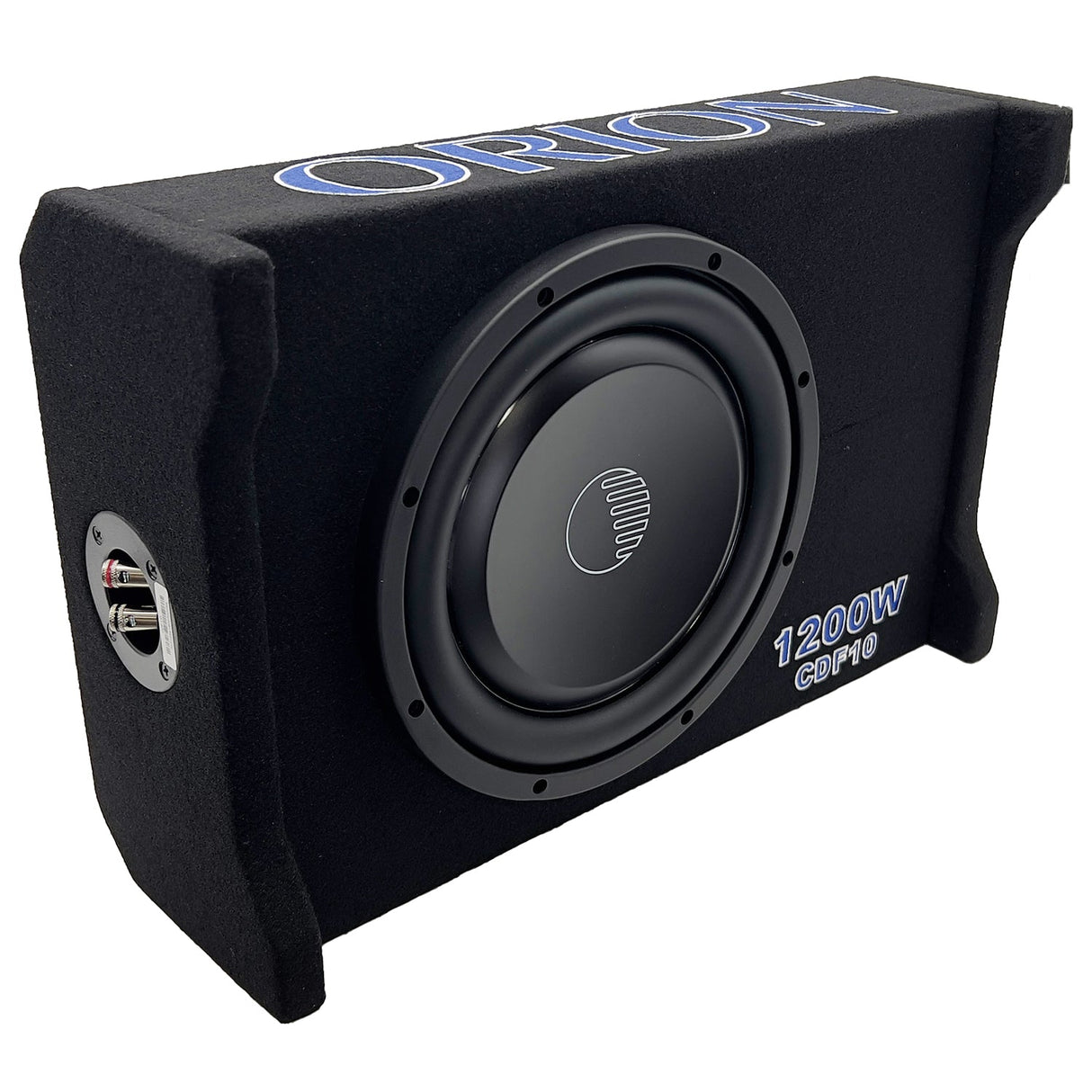 A black subwoofer enclosure with the brand name 'Cobalt' written on it, featuring a visible speaker and automotive-grade carpet finish.