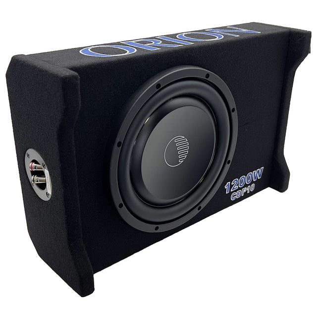 A black subwoofer enclosure with the brand name 'Cobalt' written on it, featuring a visible speaker and automotive-grade carpet finish.