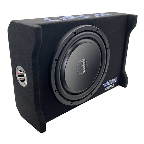A black 12-inch passive down-firing subwoofer enclosure from Cobalt, with visible brand logo and a subwoofer cone inside.
