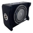 Subwoofer in a black enclosure with visible branding on a white background