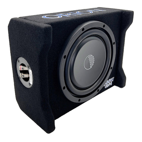 Subwoofer in a black enclosure with visible branding on a white background