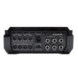 Back panel of a audio amplifier with various control knobs and ports on a white background