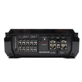 Black audio amplifier with various connectors on a white background