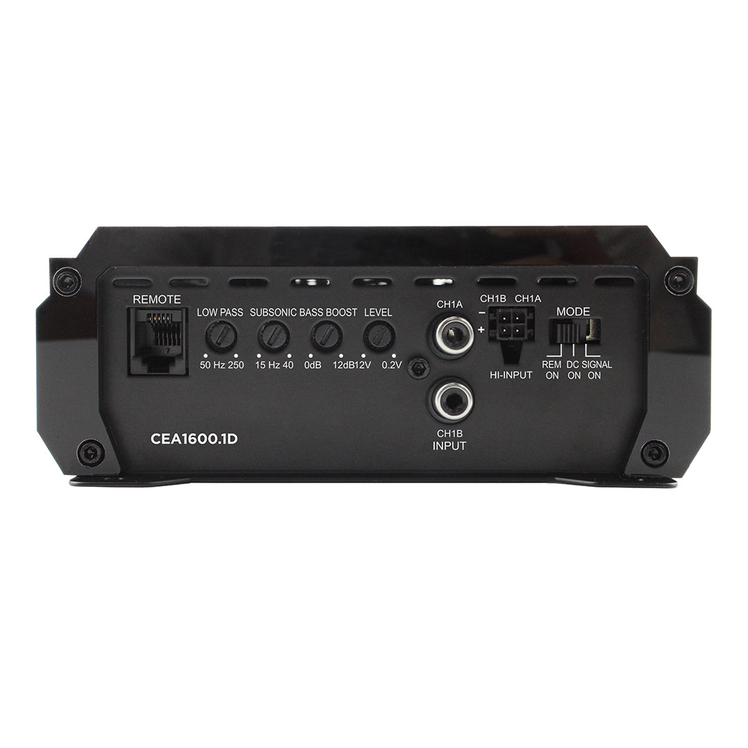 ORION Back view of a black audio amplifier with various control knobs and ports on a white background.