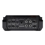 Black audio amplifier with various control knobs and ports on a white background
