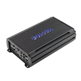 Black audio amplifier with brand logo on a white background