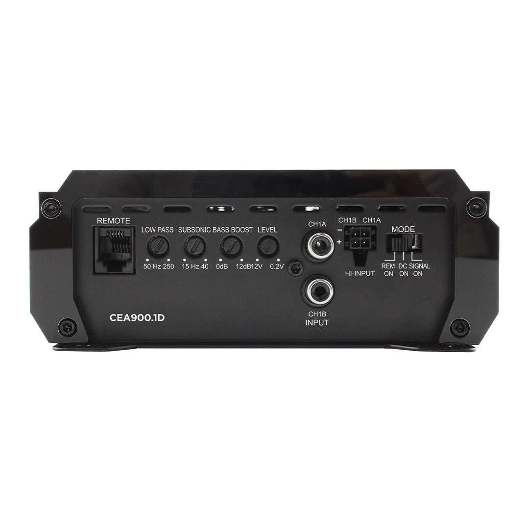 Back view of a black Orion Car Audio amplifier with control buttons and labels on a white background
