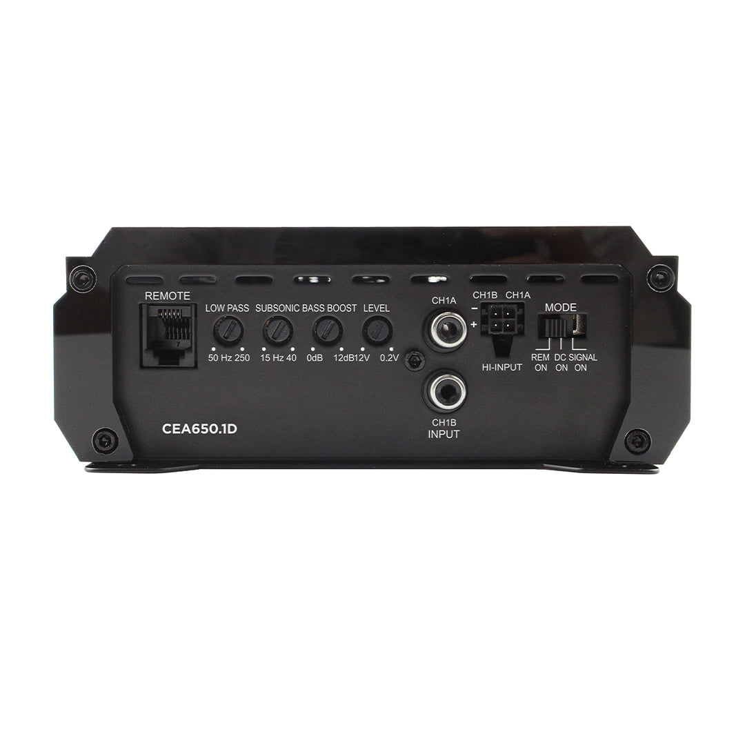 Back view of a black audio amplifier with control buttons and labels on a white background