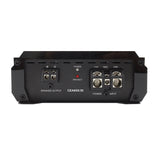 Black audio amplifier with labeled ports on a white background