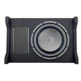 A black 6.5” ported vented enclosure subwoofer with a visible cone and a carpeted housing.