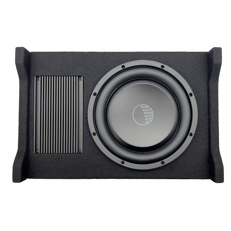A black 6.5” ported vented enclosure subwoofer with a visible cone and a carpeted housing.