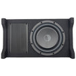An 8-inch active down-firing subwoofer enclosure from Cobalt, featuring a black carpet finish and the brand's logo in the center of the subwoofer.