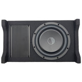 An 8-inch active down-firing subwoofer enclosure from Cobalt, featuring a black carpet finish and the brand's logo in the center of the subwoofer.